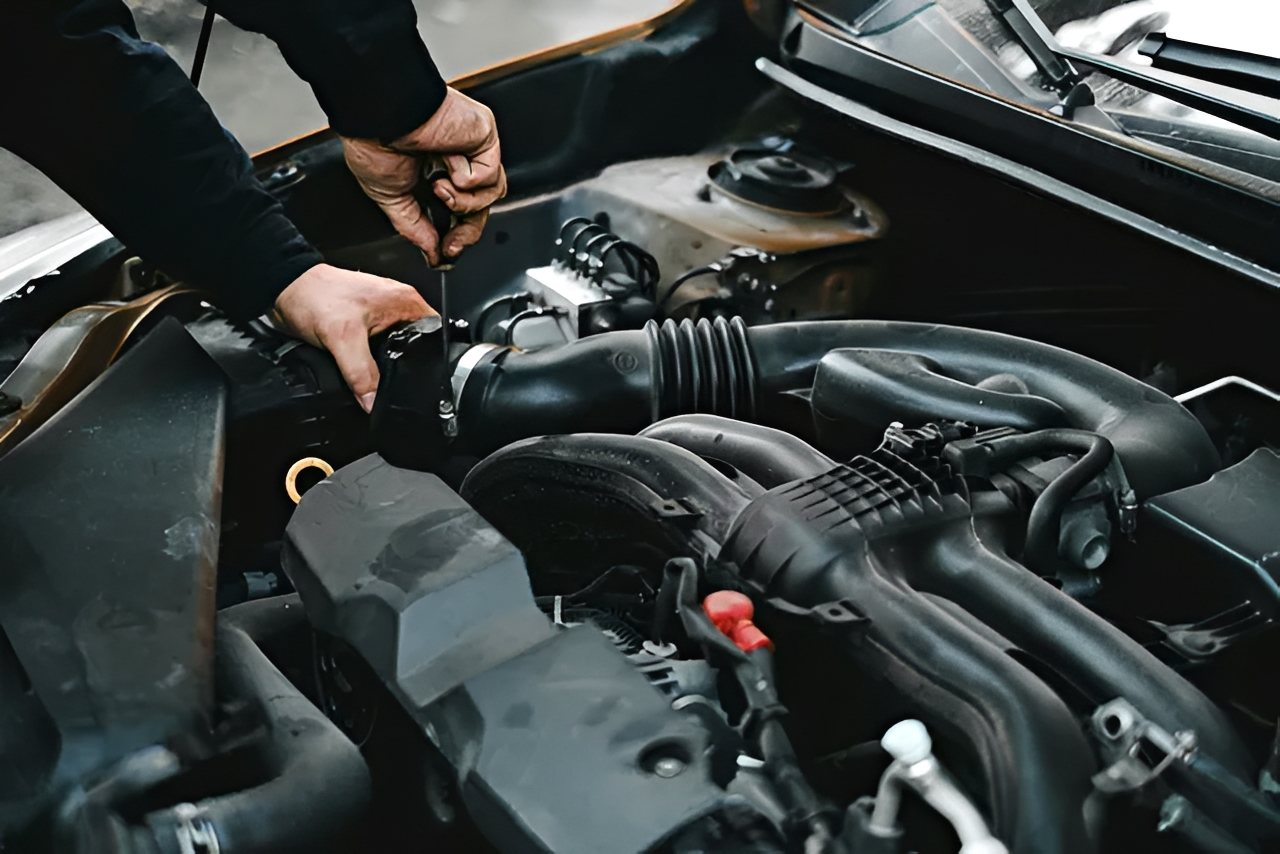 Mechanic inspecting used engine